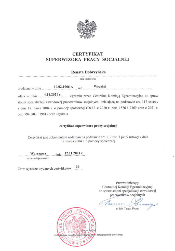 Certyfikowany superwizor pracy socjalnej Renata Dobrzyńska