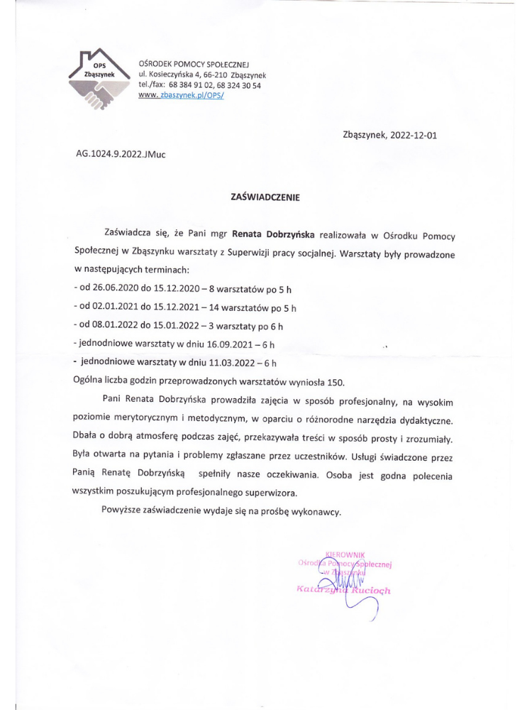 Certyfikowany superwizor pracy socjalnej Renata Dobrzyńska