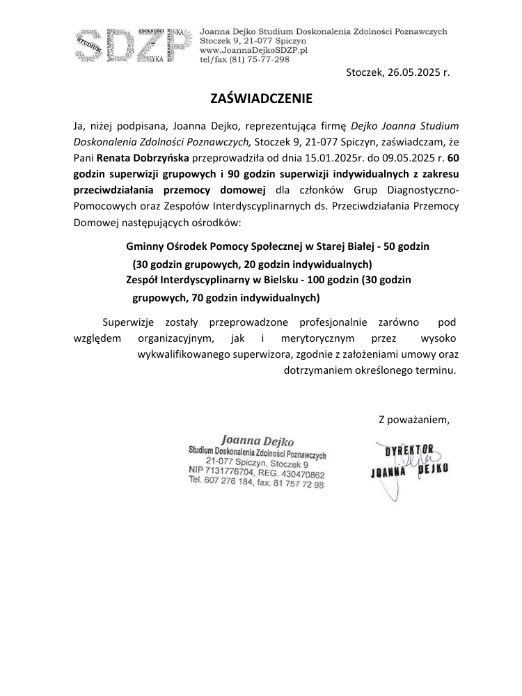 Certyfikowany superwizor pracy socjalnej Renata Dobrzyńska