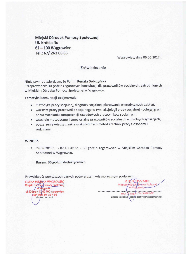 Certyfikowany superwizor pracy socjalnej Renata Dobrzyńska