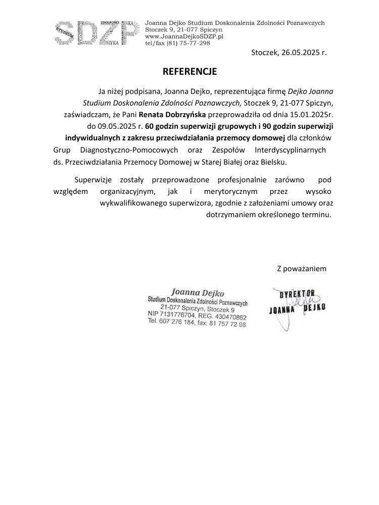 Certyfikowany superwizor pracy socjalnej Renata Dobrzyńska