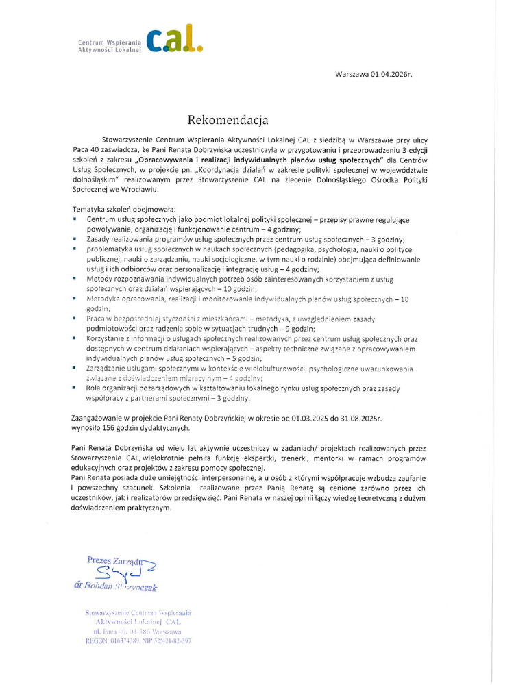 Certyfikowany superwizor pracy socjalnej Renata Dobrzyńska