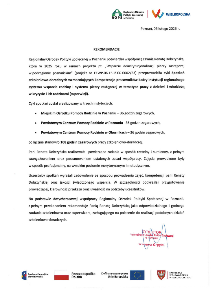 Certyfikowany superwizor pracy socjalnej Renata Dobrzyńska
