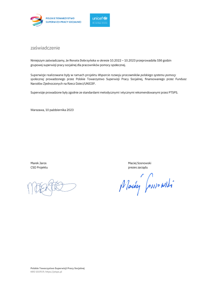 Certyfikowany superwizor pracy socjalnej Renata Dobrzyńska