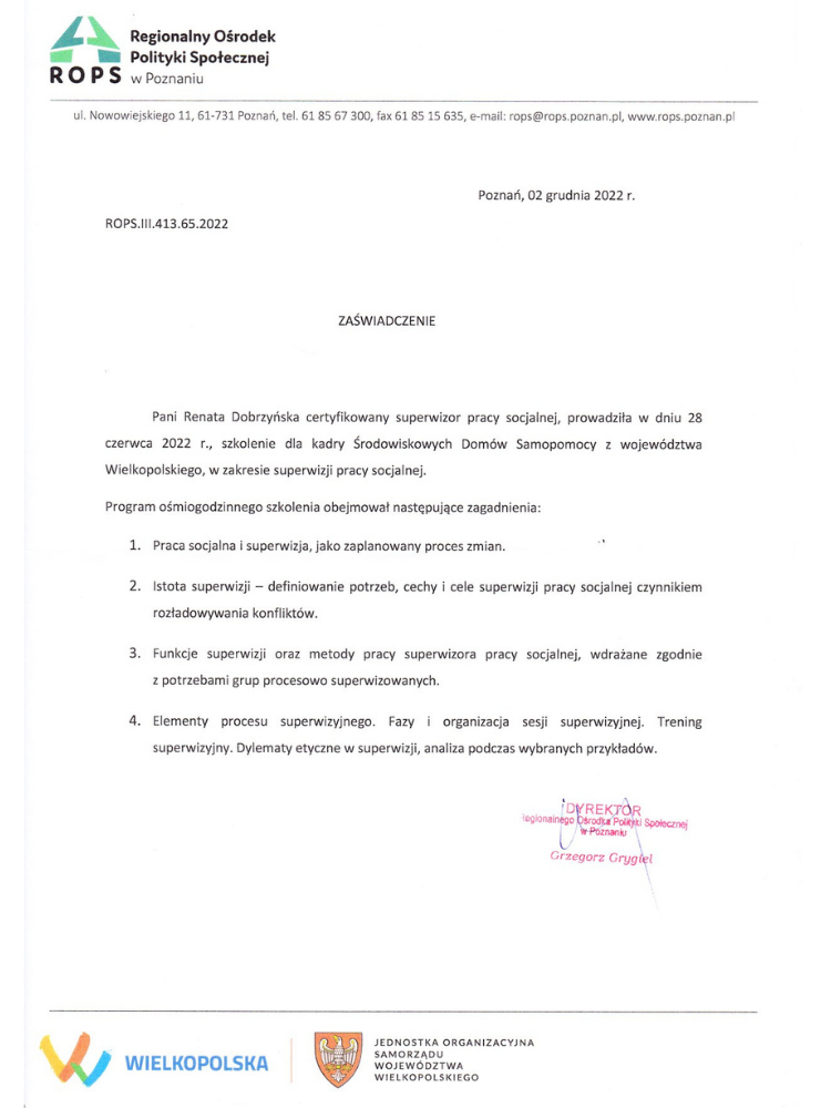 Certyfikowany superwizor pracy socjalnej Renata Dobrzyńska